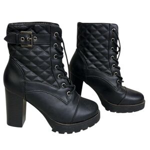 Forever Black Lace Up 4 Inch Heel Combat Buckle Boots Quilted Faux Leather Sz 7